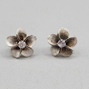 Floral Sterling Silver Stud Earrings Cubic Zirconia Center Marked 925